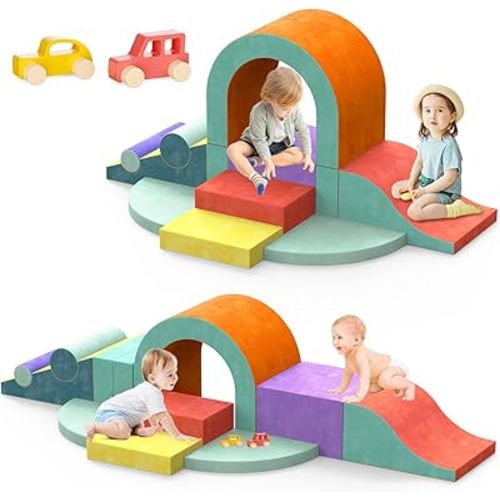 Foam Climbing Blocks for Toddlers, 12 PCS Colourful Toddler Climbing Toys Indoor, Soft Play Set with Toy Car, Flexible Crawling and Sliding Climbing Blocks