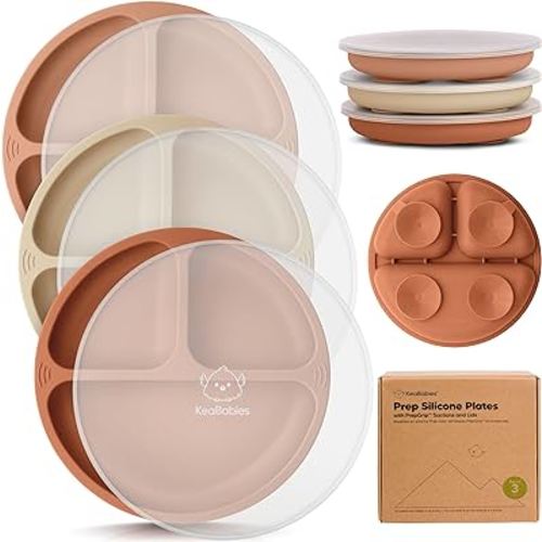 KeaBabies Suction Plates with Lids for Baby - 3-Pack 100% Silicone Suction Plates for Baby, Kids,Toddler Plates,Divided Baby Plates with Suction,Lids, BPA-Free, Microwave, Dishwasher Safe (Terracotta)