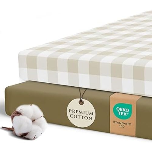 2 Pack Pack N Play Sheets for Boys - Premium Cotton Blend Fitted Playard Sheet, Soft Breathable Mini Crib Sheets Boy, Playpen Mattress Cover - Standard Travel Playards 38x26 (Gingham Khaki)