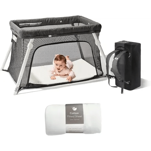 Guava Lotus Travel Crib Bundle with Cotton Sheet & Mattress | Play Yard with Lightweight Backpack Design | Certified Baby Safe Portable Crib | Folding Portable Playpen for Babies & Toddlers