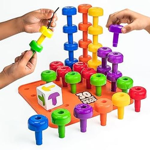 Skoolzy Foam Peg Board 34 pcs with Foam Board, Lacing String, Storage Bag & ebook | Pegboard for Toddlers | Stacking Peg Board | Color Matching & Shape Recognition Toy for Toddlers 2+