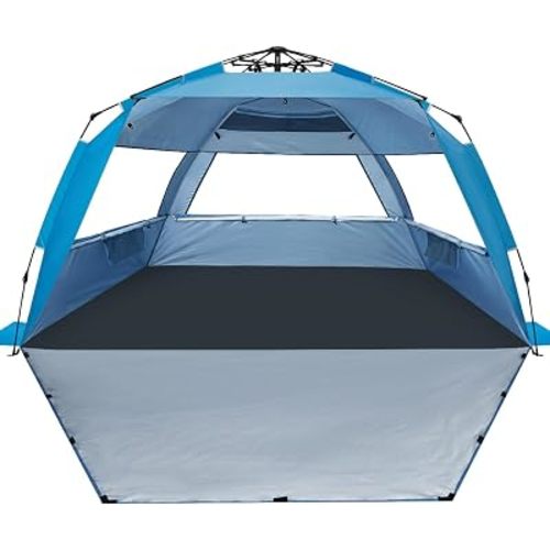 WhiteFang Deluxe Pop Up Beach Tent Sun Shade Shelter for 3-4/5-6 Person, UV Protection, Extendable Floor with 3 Ventilating Windows Plus Carrying Bag, Stakes, and Guy Lines