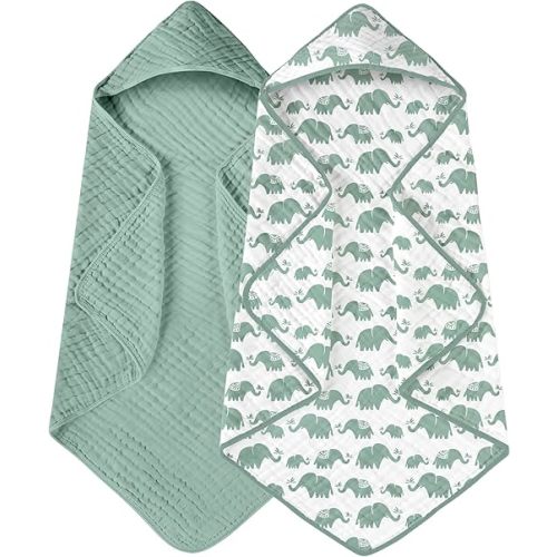 Yoofoss Hooded Baby Towels for Newborn 2 Pack 100% Muslin Organic Cotton Baby Bath Towel with Hood for Babies, Infant, Toddler and Kids, Large 32x32Inch, Soft and Absorbent Newborn Essential