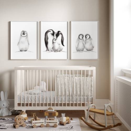 Penguin Nursery Prints, Penguin Family Sketch, Gender Neutral Baby Decor, Baby Wall Art, Kids Prints, Mama Baby Penguin, Grey Nursery Decor