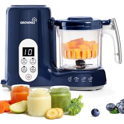 Grownsy Baby Food Maker with Steam Basket, One Step Baby Food Processor Steamer Puree Blender Grinder Mills Machine, Auto Cooking Grinding and Sterili-zing for Healthy Homemade Baby Food, Dark Blue