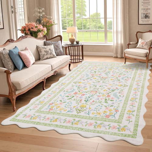 Scalloped Edge Floral Area Rug – Pastel Botanical Print, Vintage-Inspired Washable Carpet for Living Room, Bedroom, or Nursery