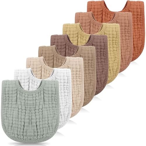 Frienda 8 Pcs Muslin Baby Bibs Cotton Bandana Drool Bibs Bulk for Newborn Infant 6 Absorbent Layers Feeding Accessory(Warm Colors)