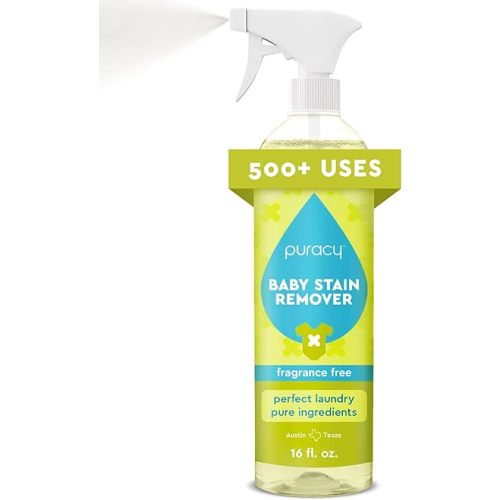 Puracy Stain Remover for Baby Clothes and Cloth Diapers, Newborn Baby Essentials Must Haves, Enzyme-Based Laundry Spray, Natural Spot and Odor Cleaner, 16 Oz