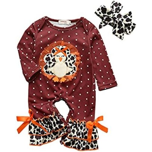 Infant Toddler Baby Girl Thanksgiving Outfits Long Sleeve Jumpsuit Turkey Romper One Piece Bodysuit Leopard Bodysuit