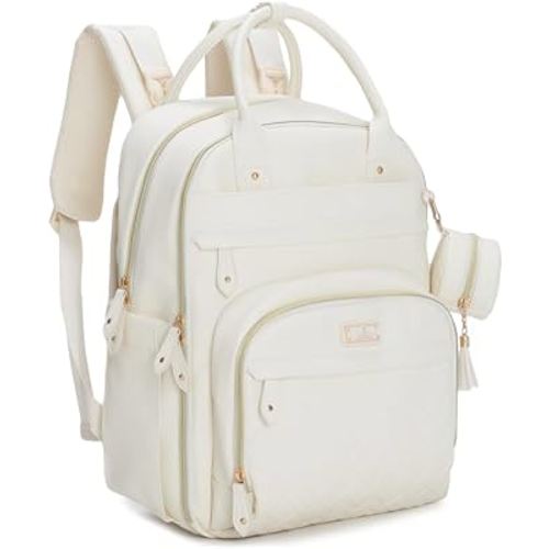 BabbleRoo Leather Diaper Bag Backpack - Baby Essentials Travel Baby Bag, Multi function, Waterproof, with Changing Pad, Stroller Straps & Pacifier Case – Unisex, Eggshell White