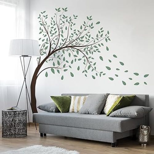 4 Sheets Green Tree Wall Decals Big Tree Wall Stickers Large DIY Peel and Stick Flying Leaves Wall Decor for Kids Bedroom Living Room Nursery Rooms TV Sofa Background Decoration