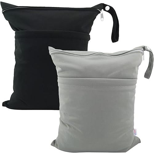 ALVABABY Wet Dry Bags with Two Zippered Pockets Waterfroof Reusable Bag for Swimsuits Wet Clothes Travel Beach Pool Daycare Soiled Baby Items Diaper Yoga Gym Black Grey