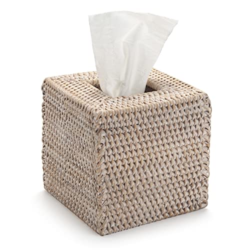 Rattan Tissue Box Cover Natural Woven Facial Napkin Holder Square (White, 5.5x5.5x5.9 Inch)