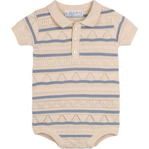 Boys Pointelle Striped Knit Romper Ecru