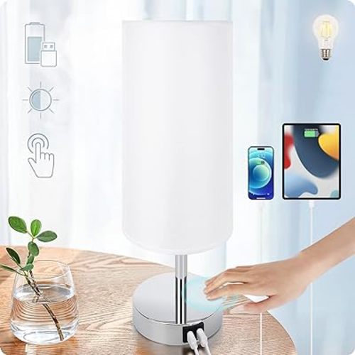 Yarra-Decor Bedside Lamp with USB Port - Touch Control Table Lamp for Bedroom 3 Way Dimmable Nightstand Lamp with Round White Fabric Shade for Living Room, Dorm, Home Office (LED Bulb Included)