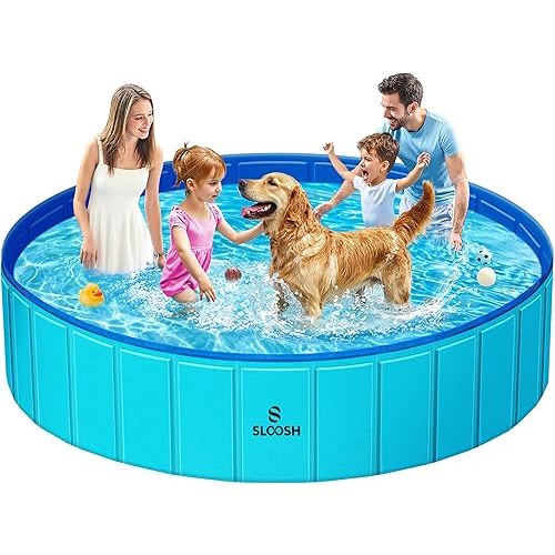 Sloosh Foldable Dog Kiddie Pool - Portable Hard Plastic Doggie Swimming Pool, Anti-Slip Collapsible Pets Bath Tub Suitable for Kids Indoor Outdoor Backyard Use (71" x 12", Blue)