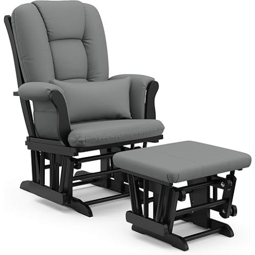 Storkcraft Tuscany Custom Glider and Ottoman with Free Lumbar Pillow (Black/Grey) - Cleanable Upholstered Comfort Rocking Nursery Chair with Ottoman