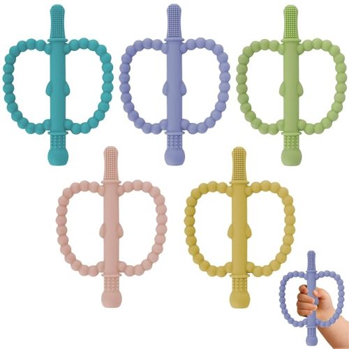 Hollow Teether Tube 5 Pack Apple Shape Chew Straw Sensory Toy for Infant Toddlers Silicone Tubes Teething Toys for Babies 0-6 0-12 0-36 Months Gifts Teething Relief Soothing Gums