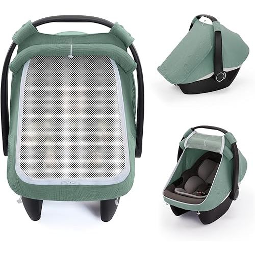 Blissful Diary Baby Car Seat Cover, Extra Large Mesh Window, Breathable Muslin Cotton, Infant Windproof Canopy, Must-Have Baby Gift - Roman Green