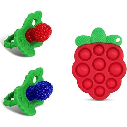 RaZbaby RaZberry Teether 2-Pack (Red/Blue) + RaZberry Pop Teether for Babies 3 Months & Up - BPA Free Silicone - Textured for Sensory Stimulation and Development