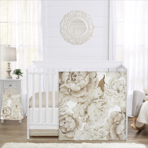 Sweet Jojo Designs Peony Floral Garden Taupe and Ivory 4 Piece Crib Bedding Set | Wayfair