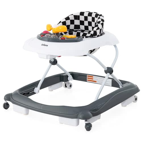 INFANS Foldable Baby Walker, 3 in 1 Toddler Walker Leaning-Seated Walk-Behind with Removable Music Tray, Adjustable Height, Washable Seat Cushion for Boys and Girls (Checkerboard)