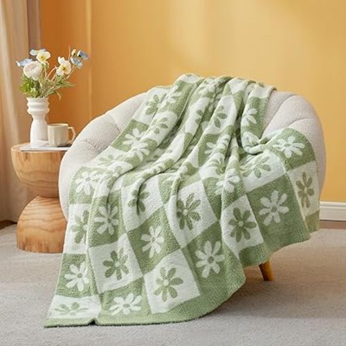 Snuggle Sac Checkered Blanket, Sage Green Flower Throw Blanket for Couch Plaid Microfiber Fluffy Warm Cozy Fuzzy Soft Throw Blanket Reversible Checkerered Blankets for Sofa, Chair, Bed, 50x60 inches