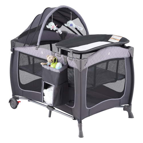 Pamo Babe Unisex Portable Baby Play Yard Include Wheels, Canopy, Changing Table for Newborn(Grey)