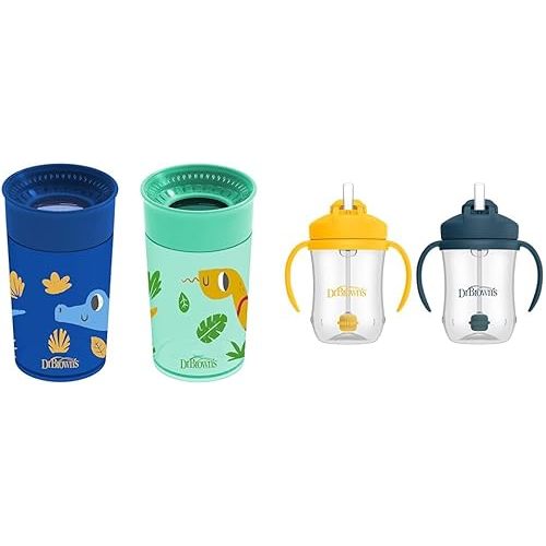 Dr. Brown's Milestones Cheers 360 Cup Spoutless Transition Cup & Milestones Baby’s First Straw Cup, Training Cup with Weighted Straw, Dark Blue & Vintage Yellow, 2 Pack, 6m+