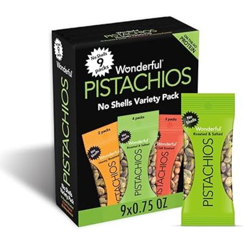 Wonderful Pistachios No Shells, 3 Flavors Mixed Variety Pack of 9 (0.75 Ounce), Roasted & Salted Nuts (4), Chili Roasted (3), Honey Roasted (2), Protein Snacks, Gluten Free, Pantry Staples, Healthy Snacks Variety Pack for Adults