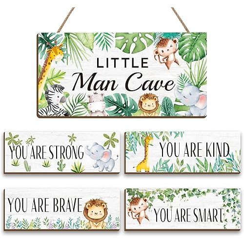 Woodland Jungle Nursery Decor Safari Animal Theme Little Man Cave Sign Wall Decor for Toddler Boy Kids Bedroom Living Room, Wooden Animal Wall Art Decorations