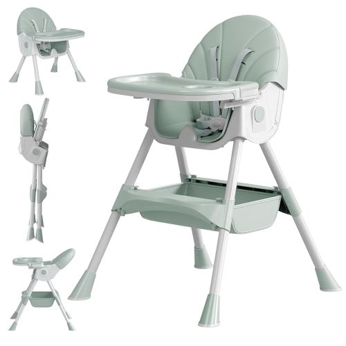 Baby High Chair, 5 in 1 High Chairs for Babies and Toddlers, Travel Foldable High Chair with Foot Rest, Detachable PU Cushion, Double Removable Tray, Adjustable Height & Recline