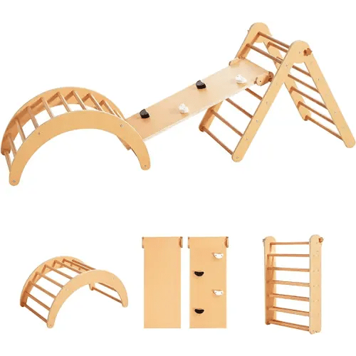 Beright 4 in 1 Pikler Triangle Gym, Montessori Foldable Climber with Ramp, Indoor Climbing Toys for Kids, Climbing Triangle for Toddlers Arch Climber, Rocker, Learning Waldorf Toy Structure, Natural
