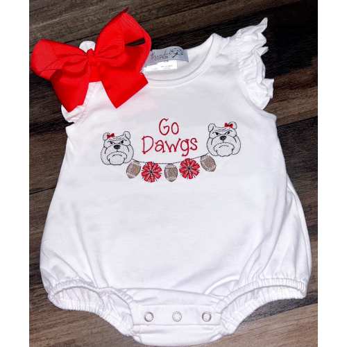 Bulldogs go dawgs bubble baby girl toddler gift outfit cute romper embroidery monogram personalized UGA Georgia flutter sleeve romper