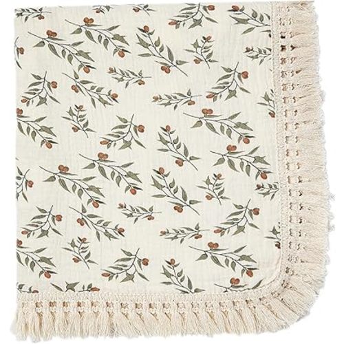 insular Cotton Muslin Baby Blanket with Tassel, Boho Bohemian Muslin Swaddle Blanket Baby Receiving Blanket with Fringe, Nursery Decor Throw or Nursing Blankets, 47" x40”, Cherry