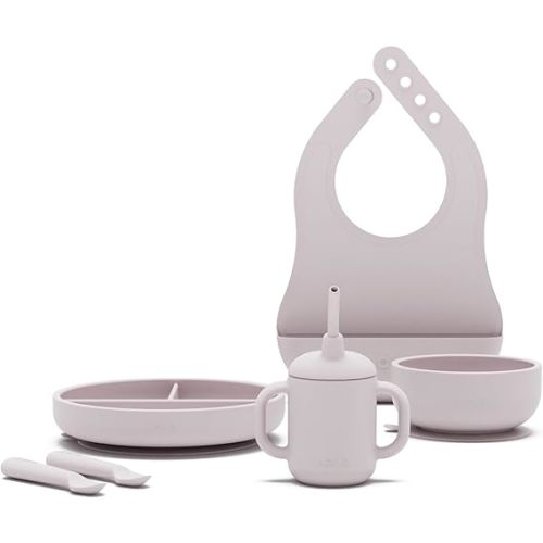 Lalo First Bites Silicone Baby Feeding Set - Baby Led Weaning Supplies - Non-Toxic Silicone - Includes 1 Bib, 2 Spoons, Training Cup, Suction Plate and Bowl - 6 Pieces - Lavender
