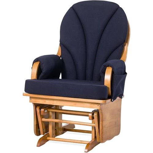 Foundations Lullaby Wood Base Glider Rocker - Baby Feeding and Rocking Chair for Daycare Environment - Nursery Chairs with Padded Foam Arm Rests - (Natural/Blue)