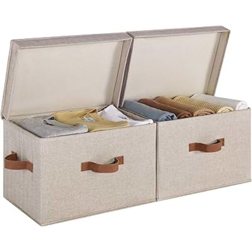 StorageWorks Closet Storage Bin with Lids, Decorative Storage Boxes with Handles, Fabric Storage Bins for Clothes, Large, Brown and Beige, 2-Pack