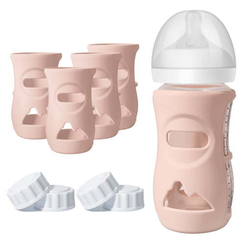 4 Pack Silicone Sleeves for Philips Avent Natural Glass Bottle, Food Grade Silicone Cover and 4pcs Travel Caps, Lids Replacement (4Pink, 8oz)