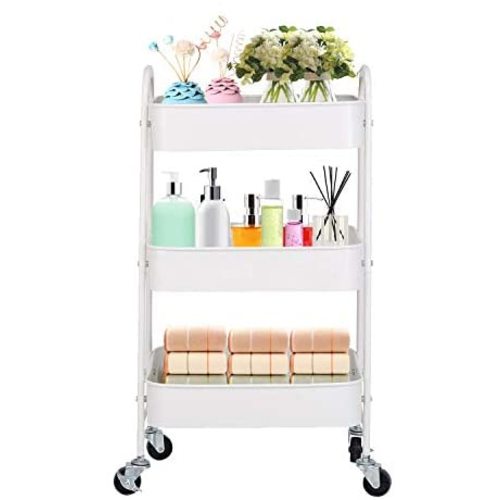 3-Tier Metal Mesh Utility Rolling Cart Storage Organizer with Wheels, Cream White
