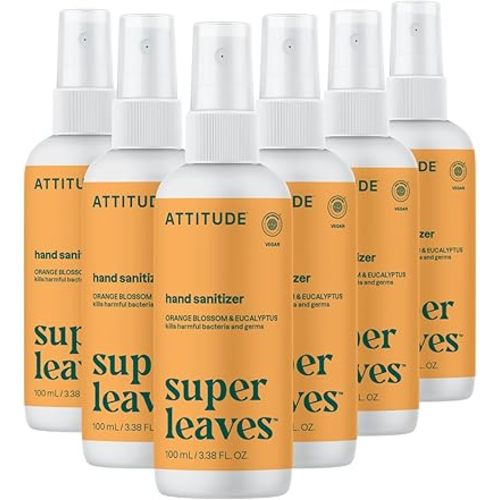 ATTITUDE Hand Sanitizer Spray, EWG Verified, Kills Germs & Bacteria, Vegan & Plant-Based, Safe for Adults & Kids, Orange Blossom & Eucalyptus Scent, 3.38 Fl Oz (Pack of 6) (Spray Bottle)
