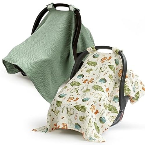 SERAPHY 100% Muslin Cotton Car Seat Cover Baby, 2 Pack Universal Carseat Covers Baby Boy Girl, Breathable Car Seat Canopy, Soft Infant Car Seat Cover for Summer and Winter—2 Pcs Green&Forest