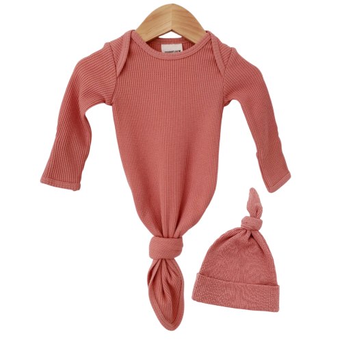 Organic Waffle Knotted Gown & Hat Set, Dusty Rose