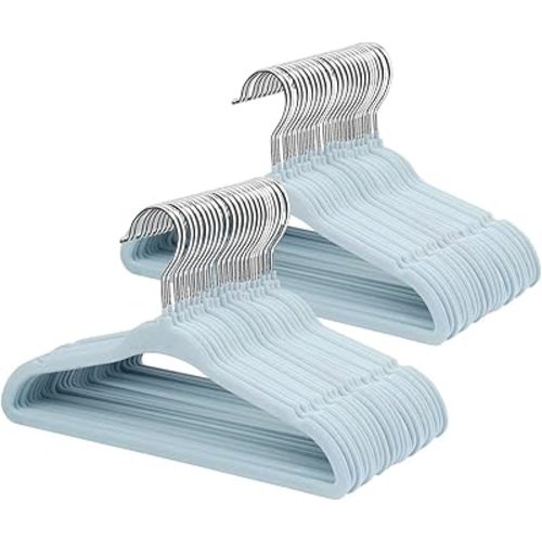 ManGotree 10.95" Baby Velvet Hangers, Non-Slip Infant Coat Hangers, Ultra-Thin Toddler Felt Hangers with 360° Swivel Hook, Space Saving Children's Hangers for Kids Clothes, 48 Pack (Blue)
