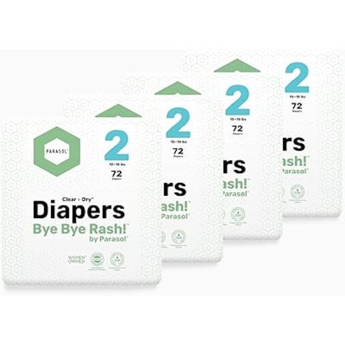 Parasol Clear+Dry Disposable Diapers, RashShield Protection and Leak-Control Fit, Hypoallergenic Diapers, Size 2 (10-18 lbs), 288 Count