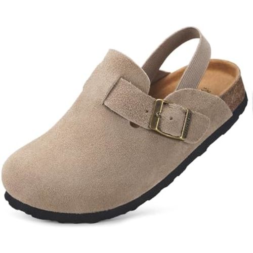 ZUSERIS Kids Suede Clogs Toddler Clogs Boys Girls Cork Footbed Sandals Potato Shoes Leather Slip On Mules with Adjustable Buckle