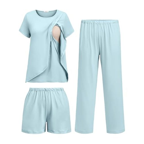 Ekouaer 3 PCS Maternity Nursing Pajamas Set Postpartum Breastfeeding Short Sleeve Shirts, Pregnancy Shorts & Pants Pjs S-XXL