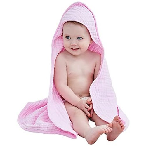 Baby Hooded Bath Towel 32x32in Large Bath Towel 100% Muslin Cotton 6 Layers for Boy Girls Soft and Absorbent by Yoofoss (Pink)