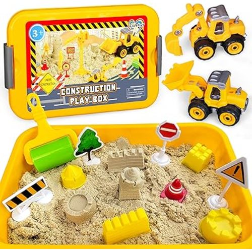Construction Sensory Bin, Tractor Sand Playset Construction Sandbox with Toy Truck Play Sand and Signs, Sand Art Kit for Kids Ages 3 and up