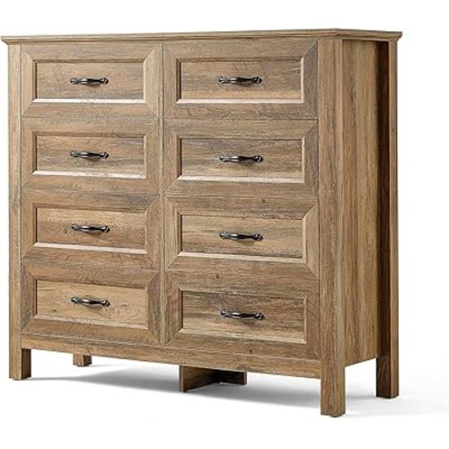 LINSY HOME Farmhouse 8 Drawers Dresser Chests for Bedroom, Wood Dresser Wide Chest of Drawers, Storage Dressers Organizer for Bedroom, Living Room,Hallway, SGS Certified